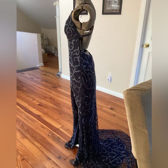 JASZ COUTURE 6 BLUE PLUNGING V NECK BEADED HIGH SLIT PROM PAGEANT FORMAL GOWN - Picture 5 of 10